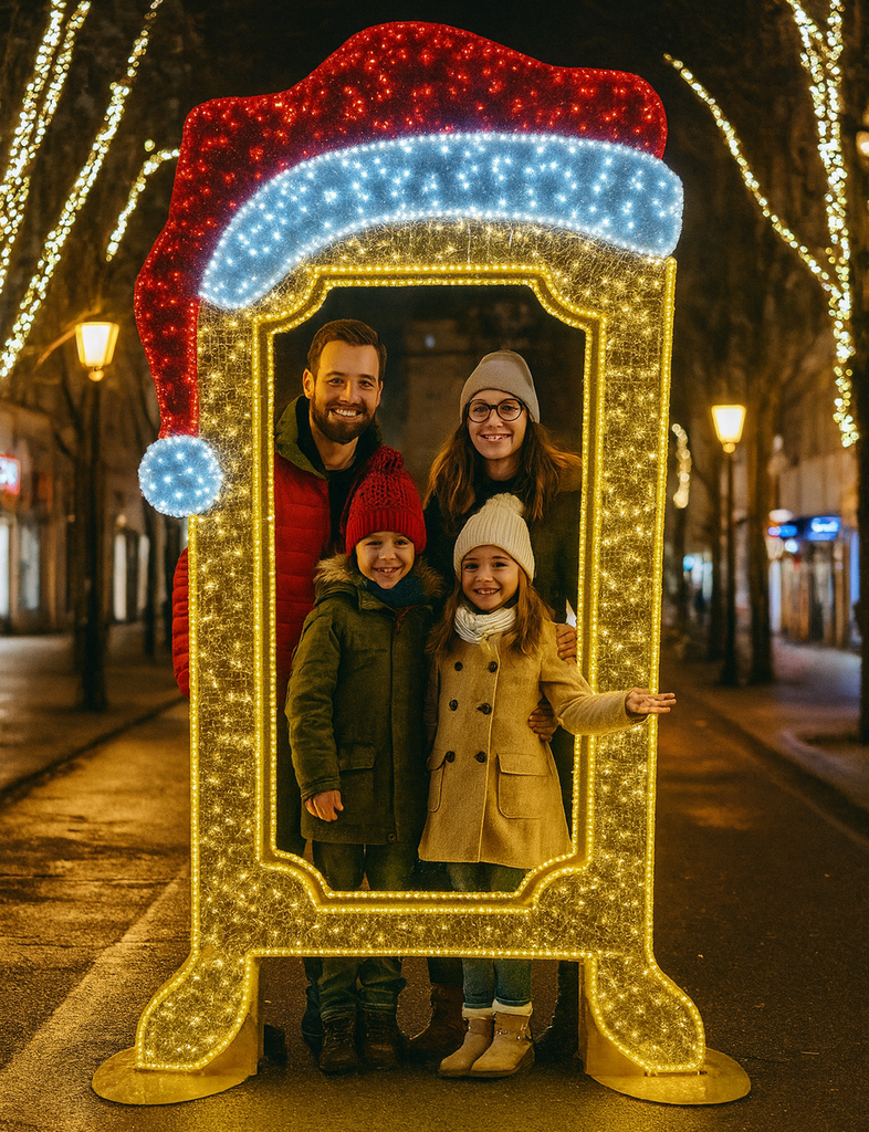 Family posing in front of a decorative light-up mirror frame on a street at night.